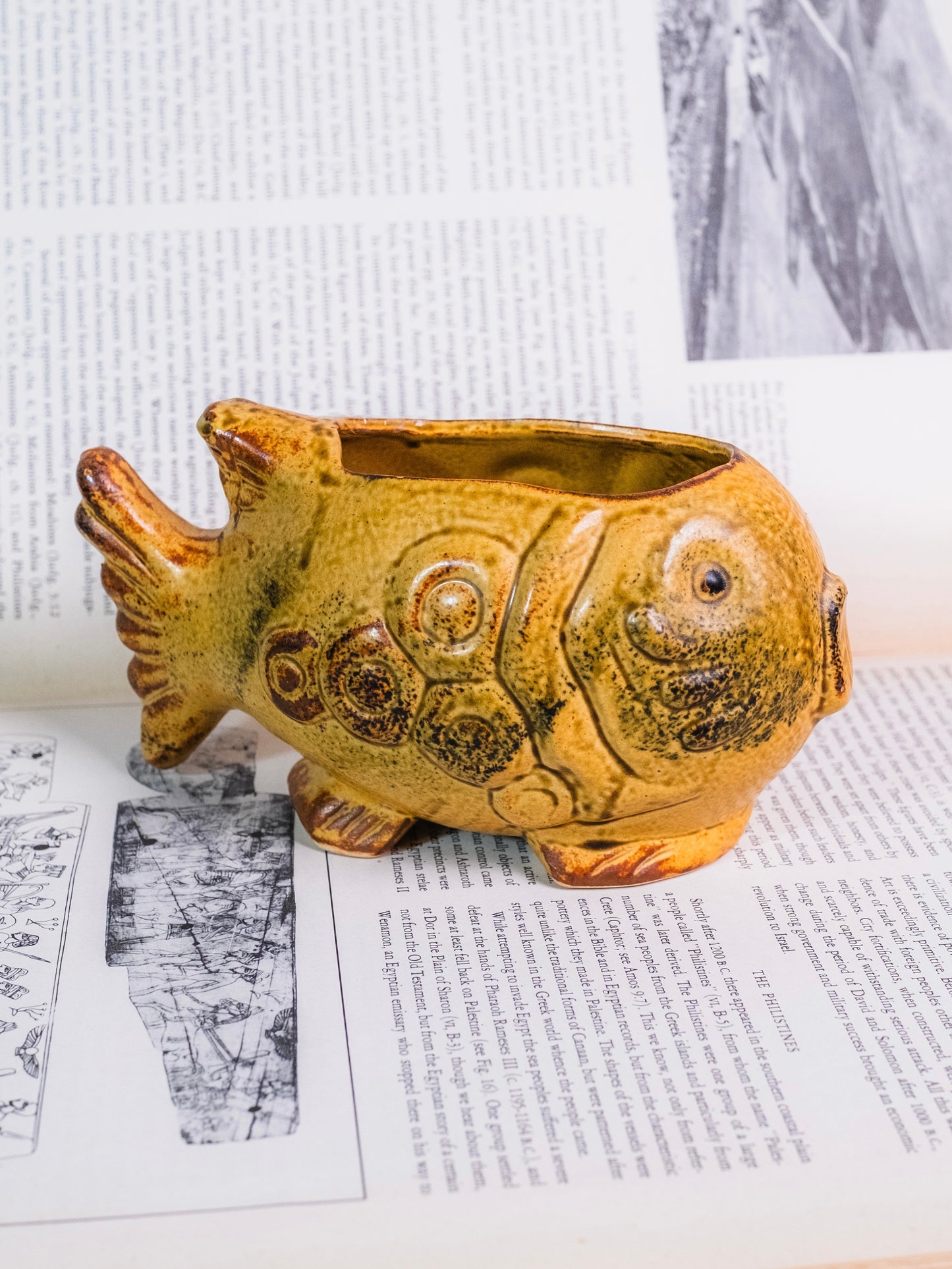 Vintage 1950s MCM Ceramic Yellow Fish Planter