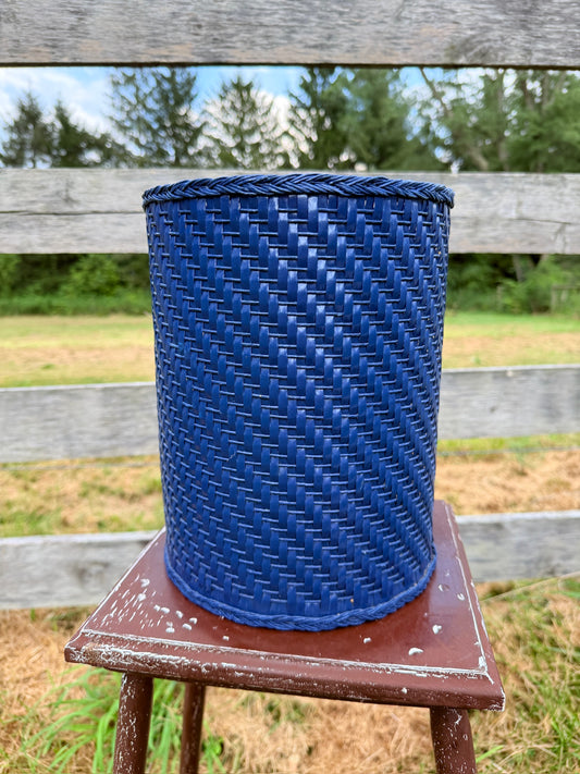 Vintage 1960s Navy Blue Straw Woven Waste Basket