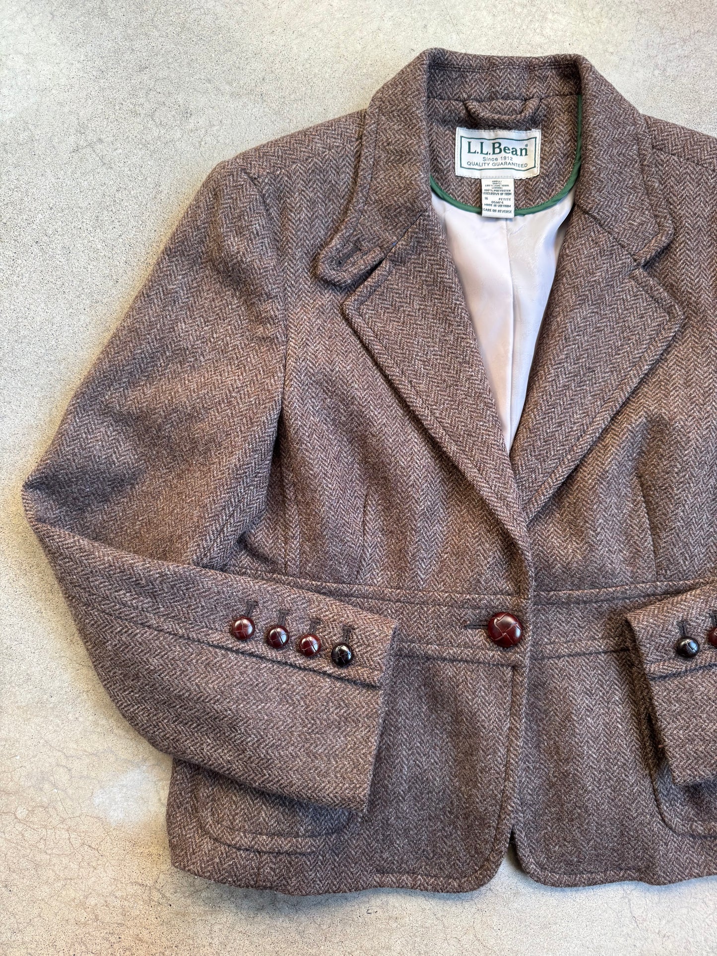 Vintage 1990s L.L. Bean Brown Herringbone Tweed Wool Blazer | M/L