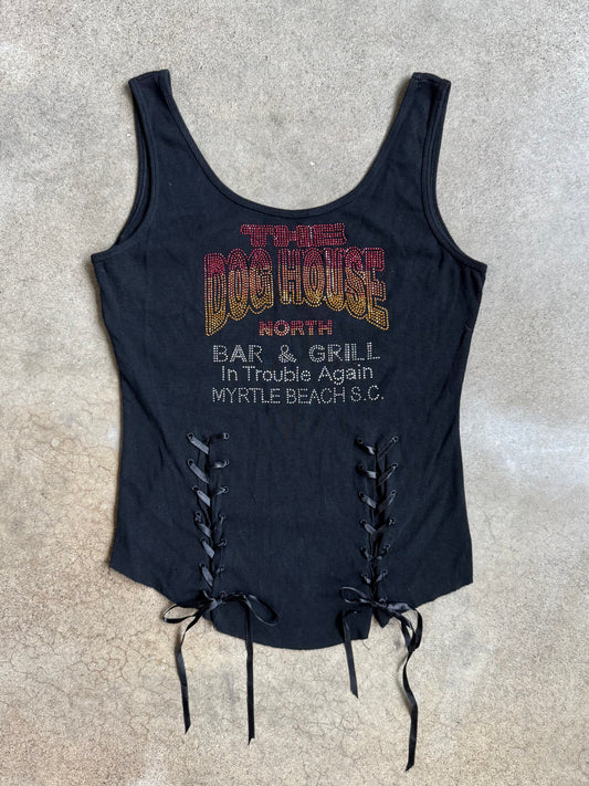2000s "The Dog House" Myrtle Beach Rhinestone Lace-Up Tank Top | Large