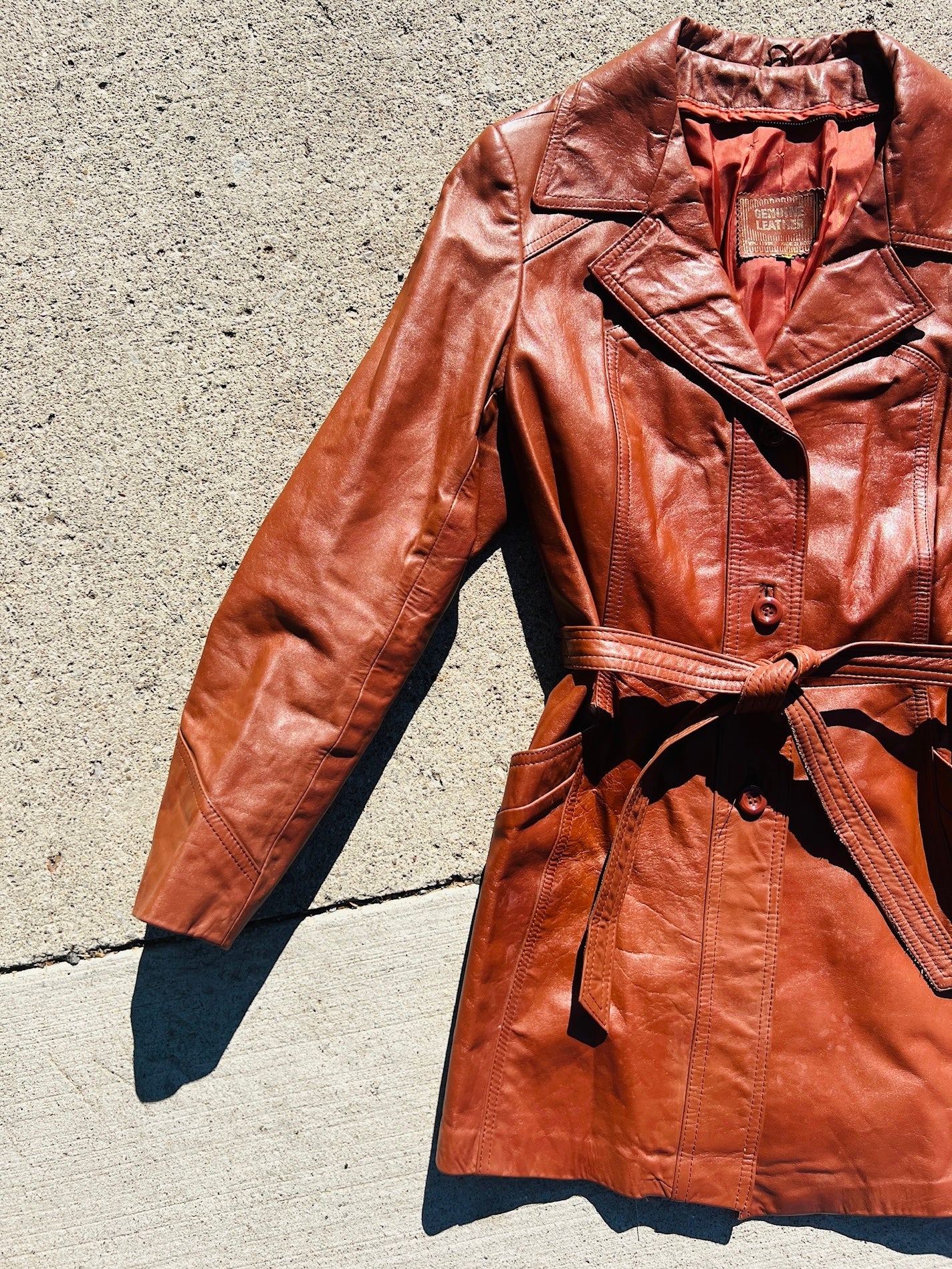 Vintage 1970s Cognac Brown Tie Waist Leather Jacket | M/L