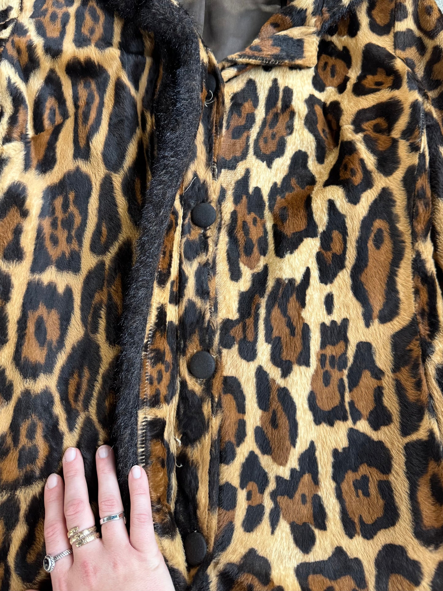 Vintage 1960s Mary Lane Faux Fur Cheetah Print Black Trim Hooded Jacket | Small