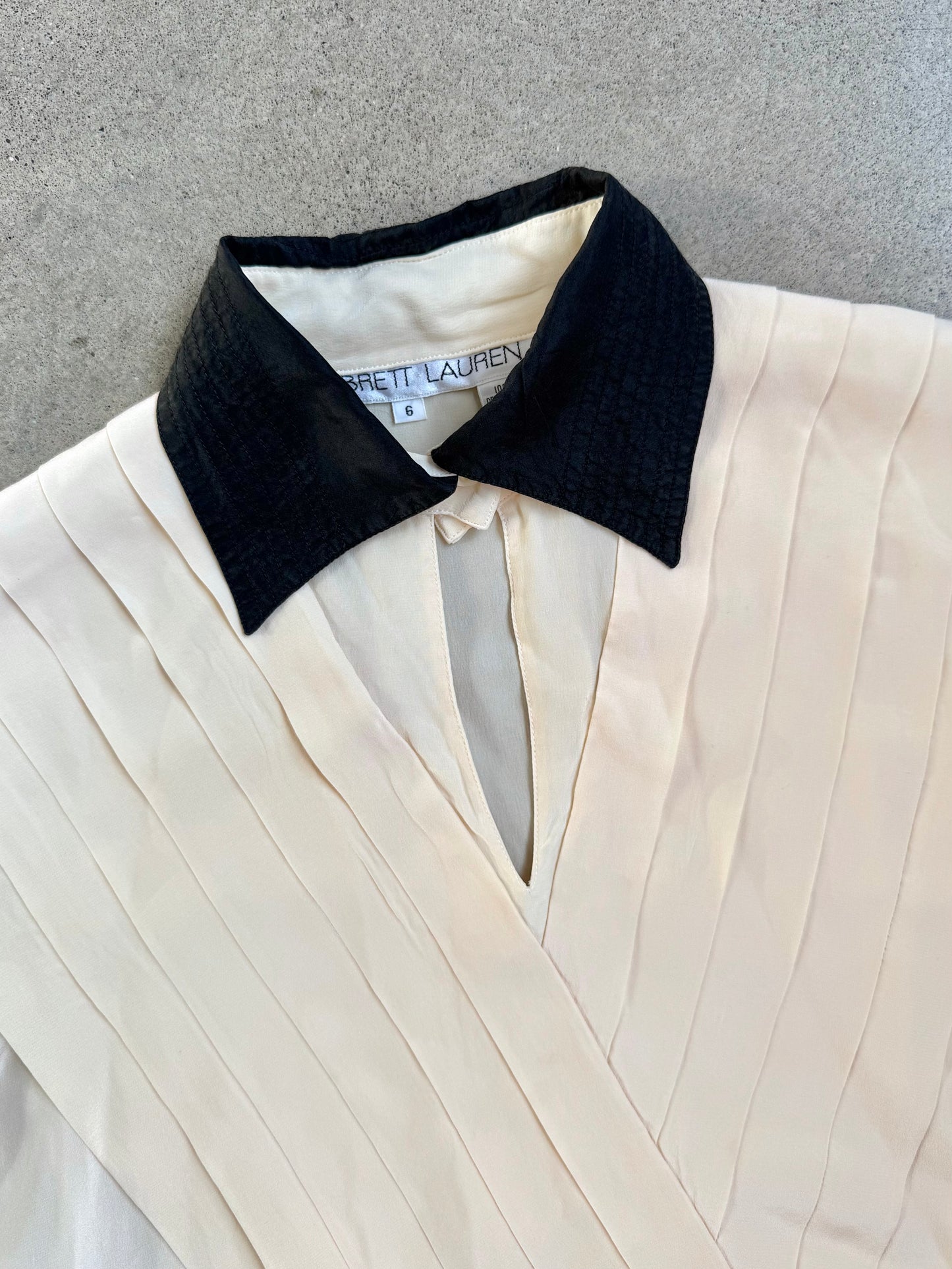 Vintage 1980s Brett Lauren 100% Silk Cream & Black Pleated Blouse | Small