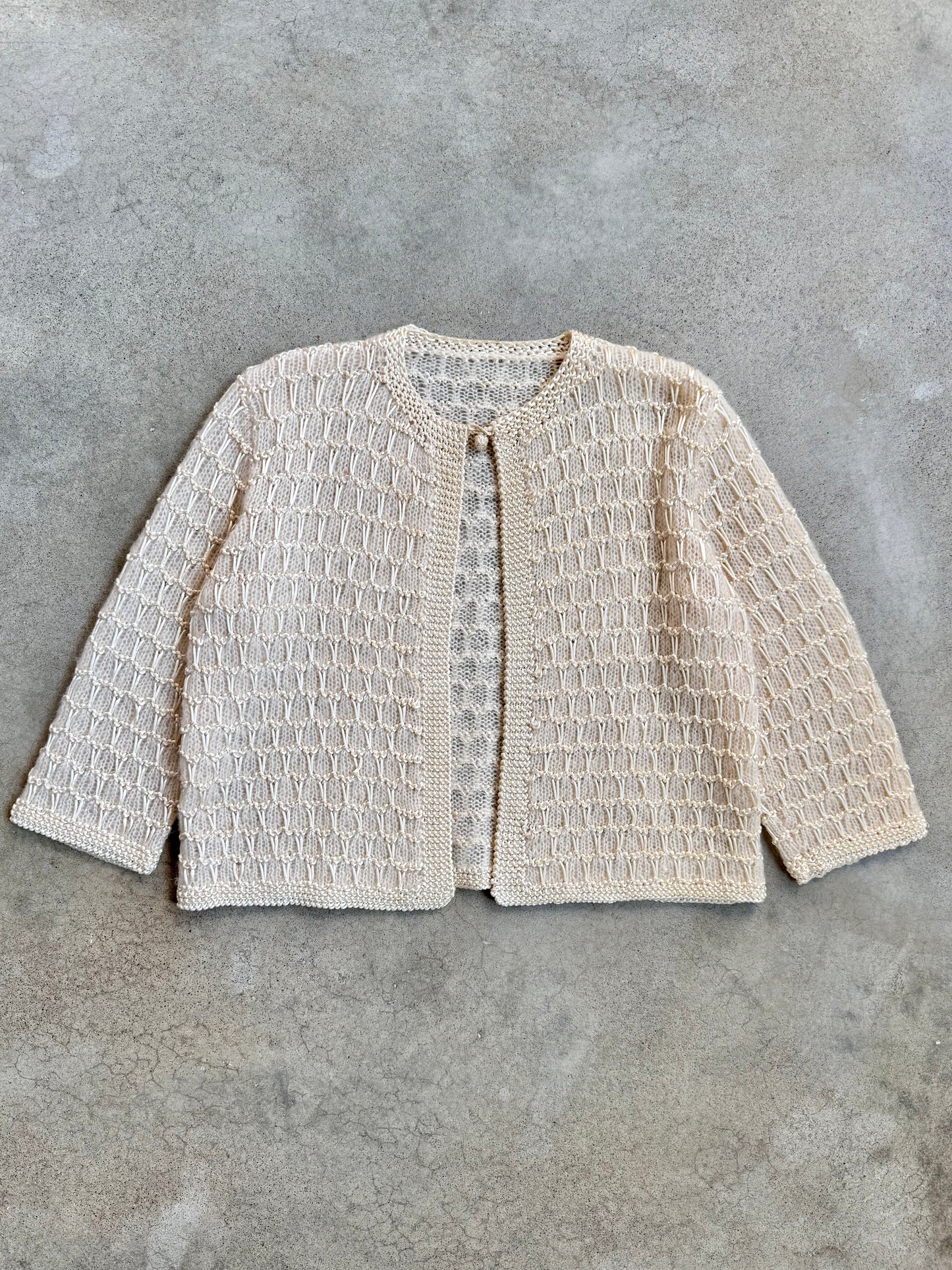 Vintage 1950s Cream Crochet Knit Cardigan | Medium