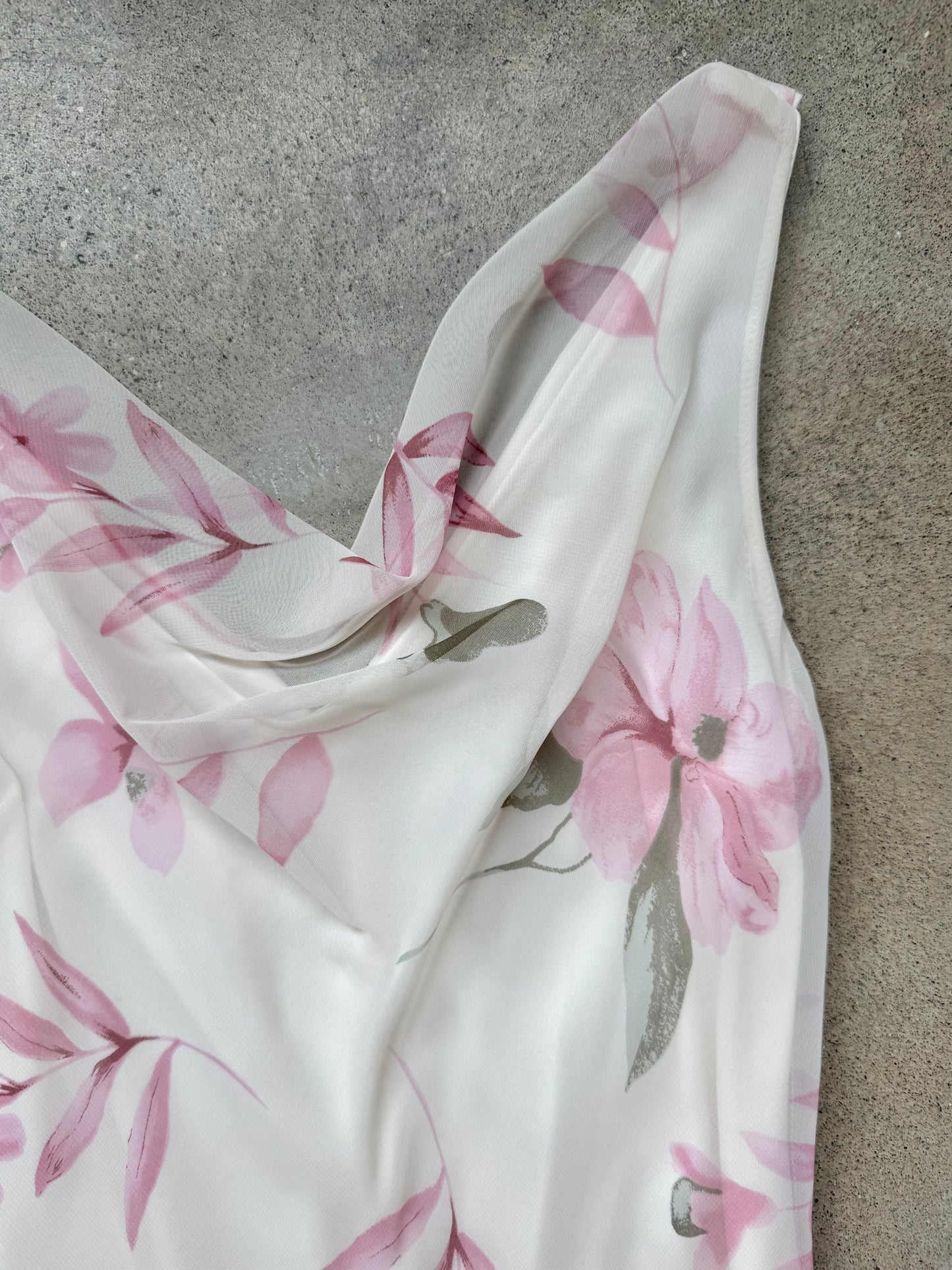 Vintage Y2K White & Pink Floral Print Chiffon Cowl Neck Sleeveless Dress | XS