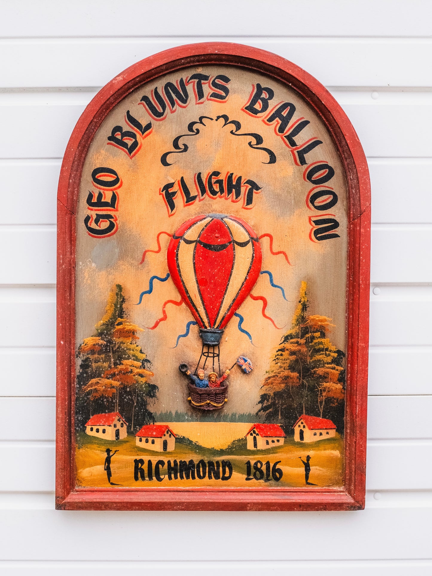 Vintage 1950s Geo Blunts Balloon Flight Rustic Wood Sign