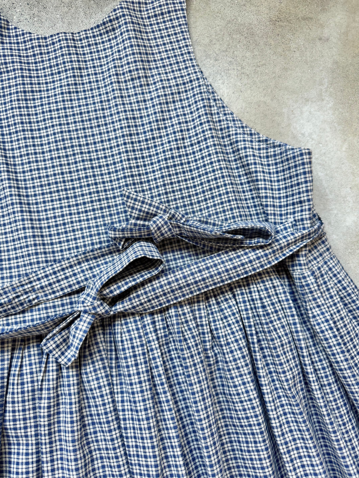 Vintage Handmade Blue Plaid Fruit Appliqué Tie-Back Pinafore Dress | Large