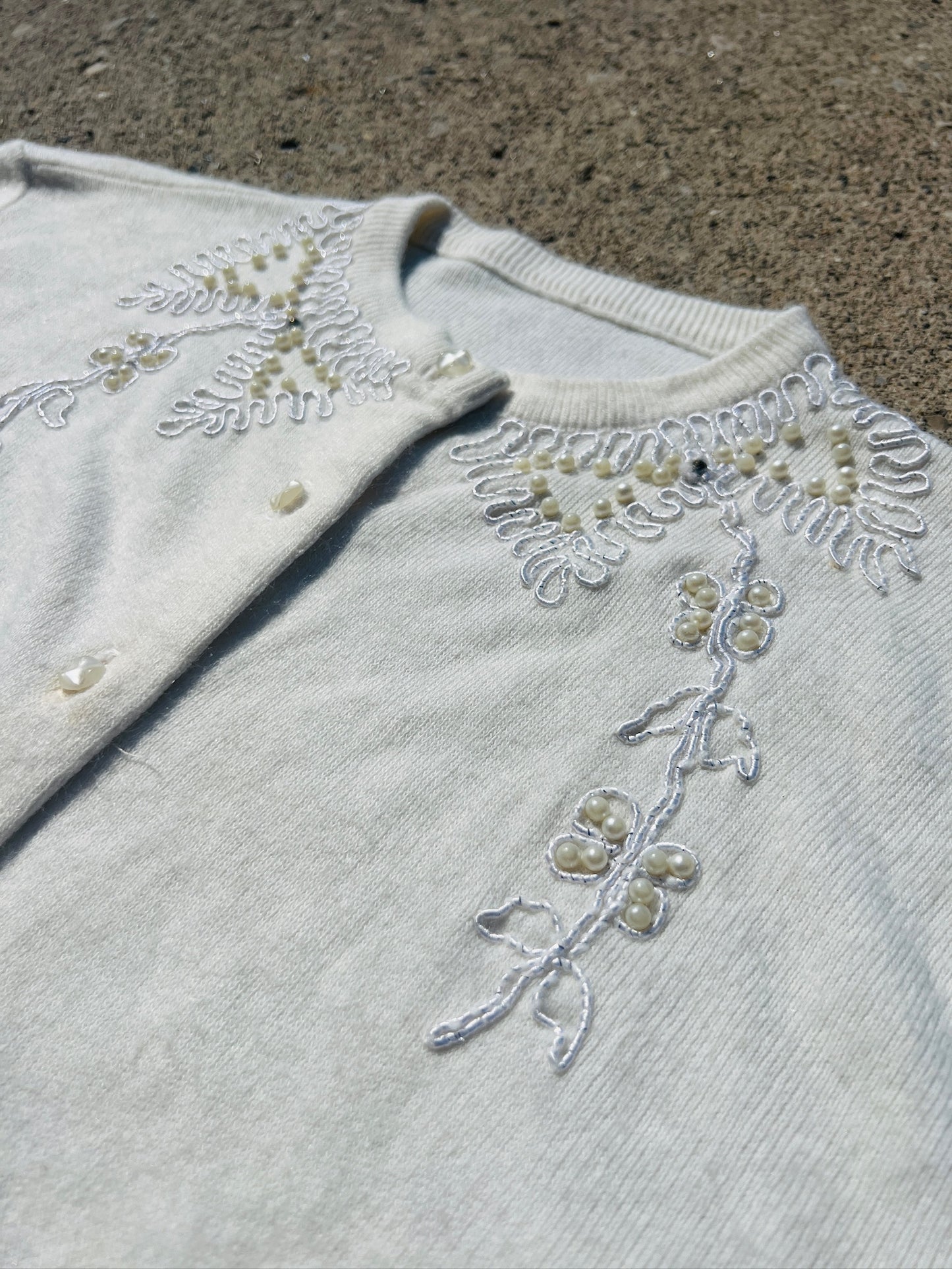 Vintage 1950s White Beaded Cashmere Cardigan | S/M