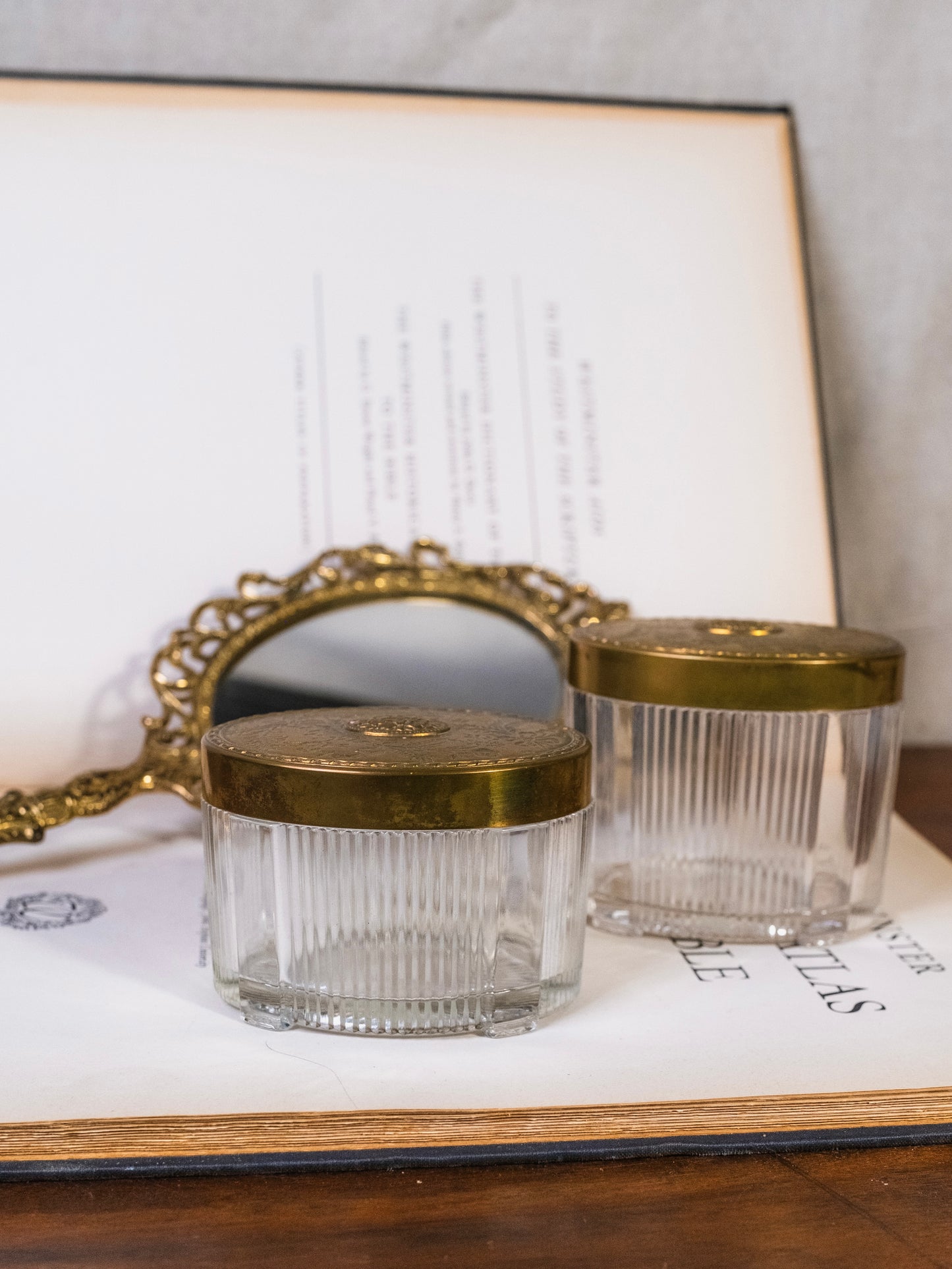 Vintage Art Deco Ribbed Glass Brass Top Vanity Jars & Hand Mirror Set