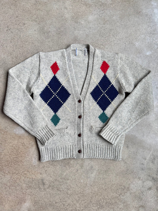 Vintage 1970s Grey Argyle V-Neck Cardigan | Small
