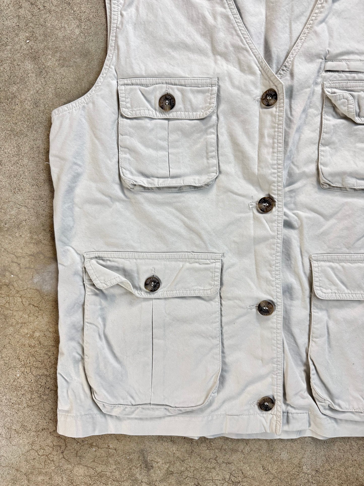 Vintage 1990s Eddie Bauer Beige Cotton Utility Cargo Vest | Large