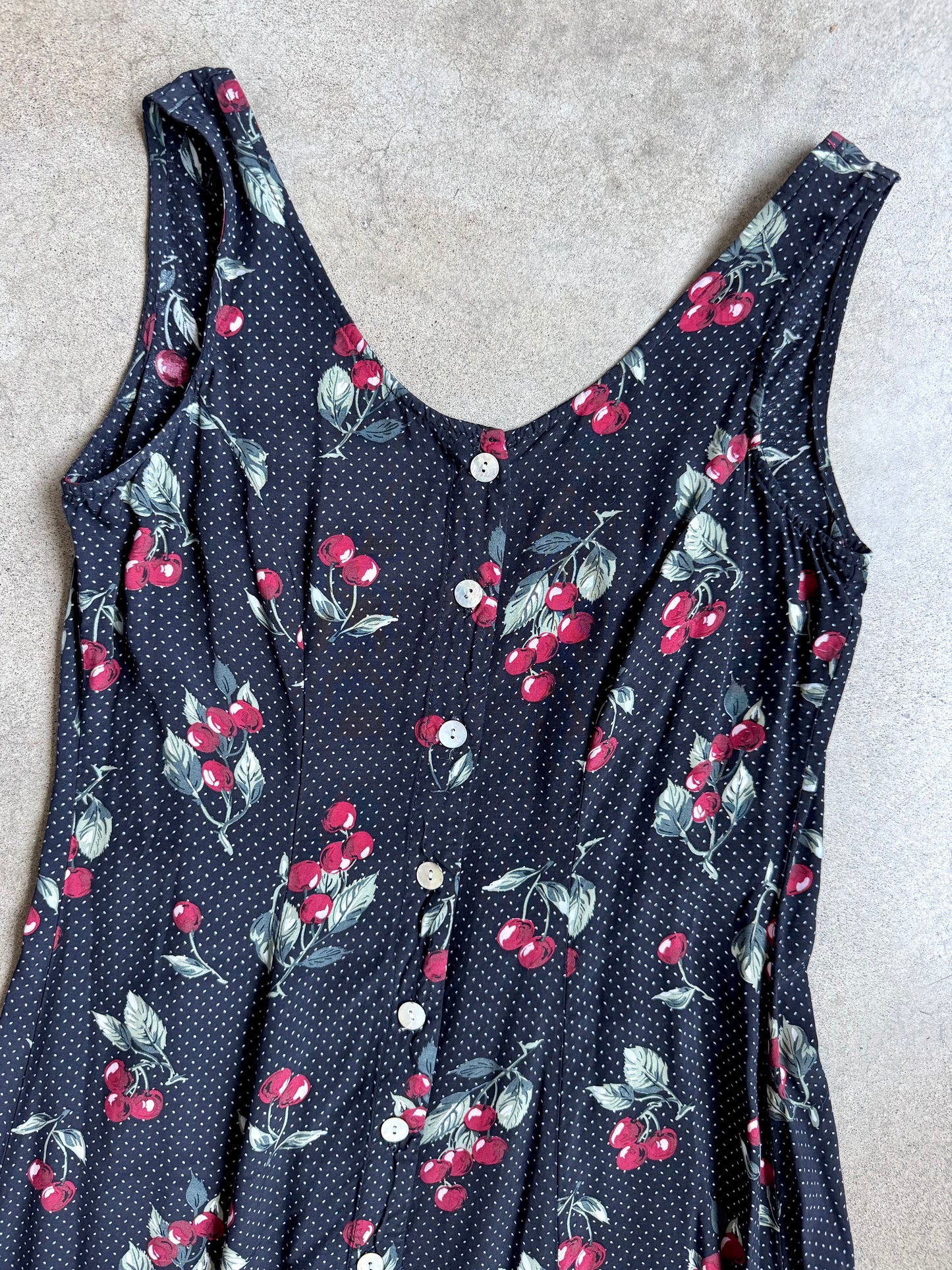 Vintage 1990s Express Cherry Polka Dot Button-Front Maxi Dress | Large