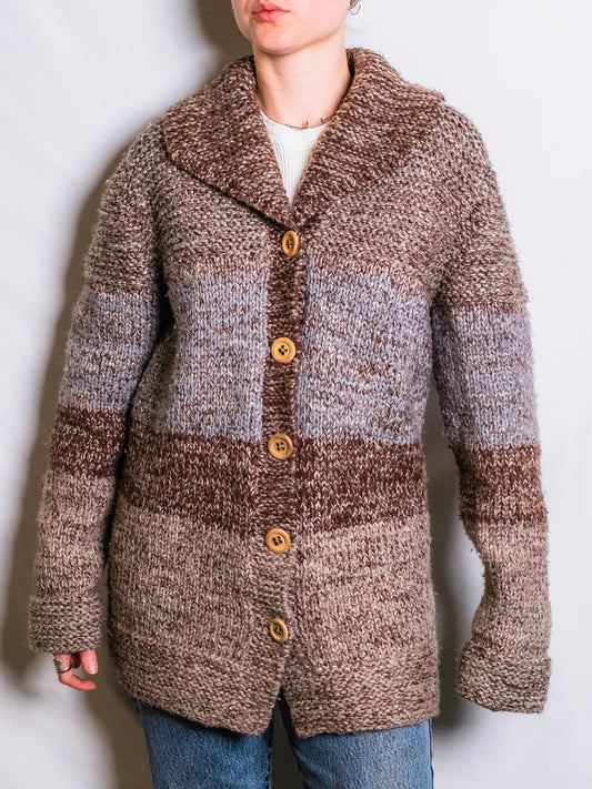 Vintage 1980s Handmade Brown Striped Knit Cardigan | Medium