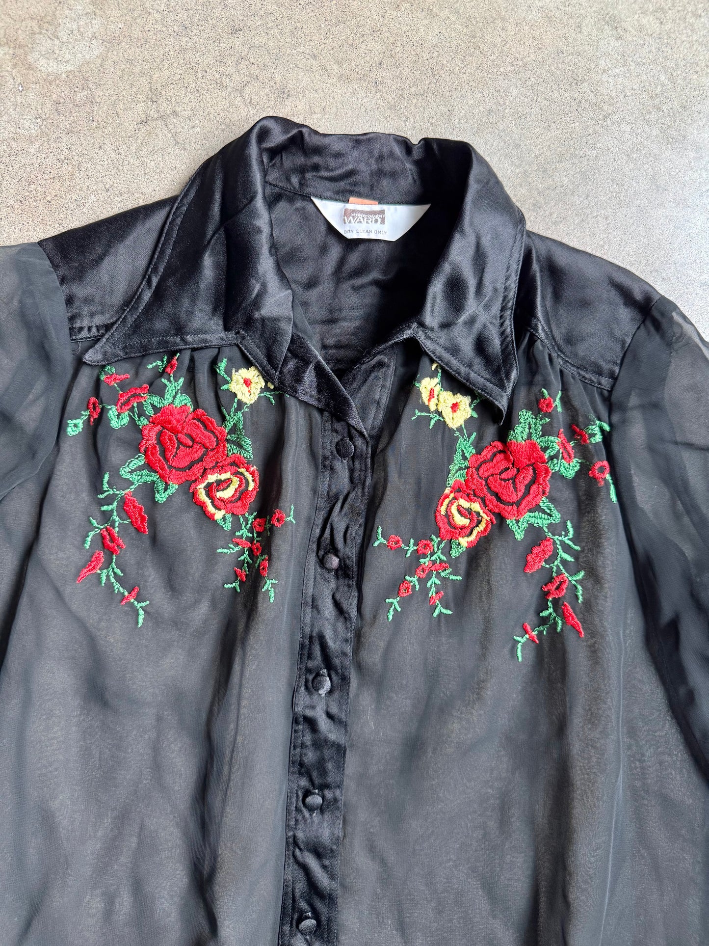 Vintage 1970s/80s Montgomery Ward Black Sheer Floral Embroidered Blouse | L/XL