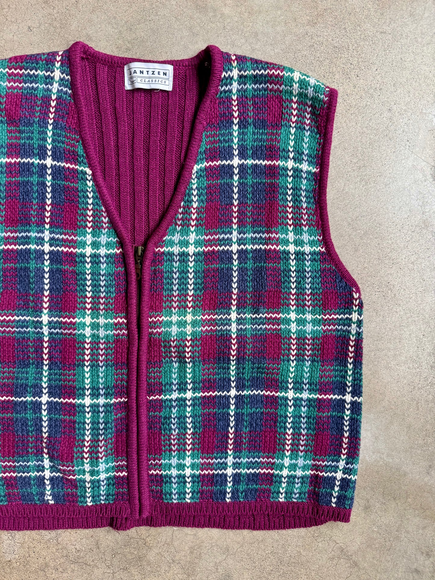 Vintage 1980s Jantzen Plaid Knit Zip-Up Sweater Vest | XL