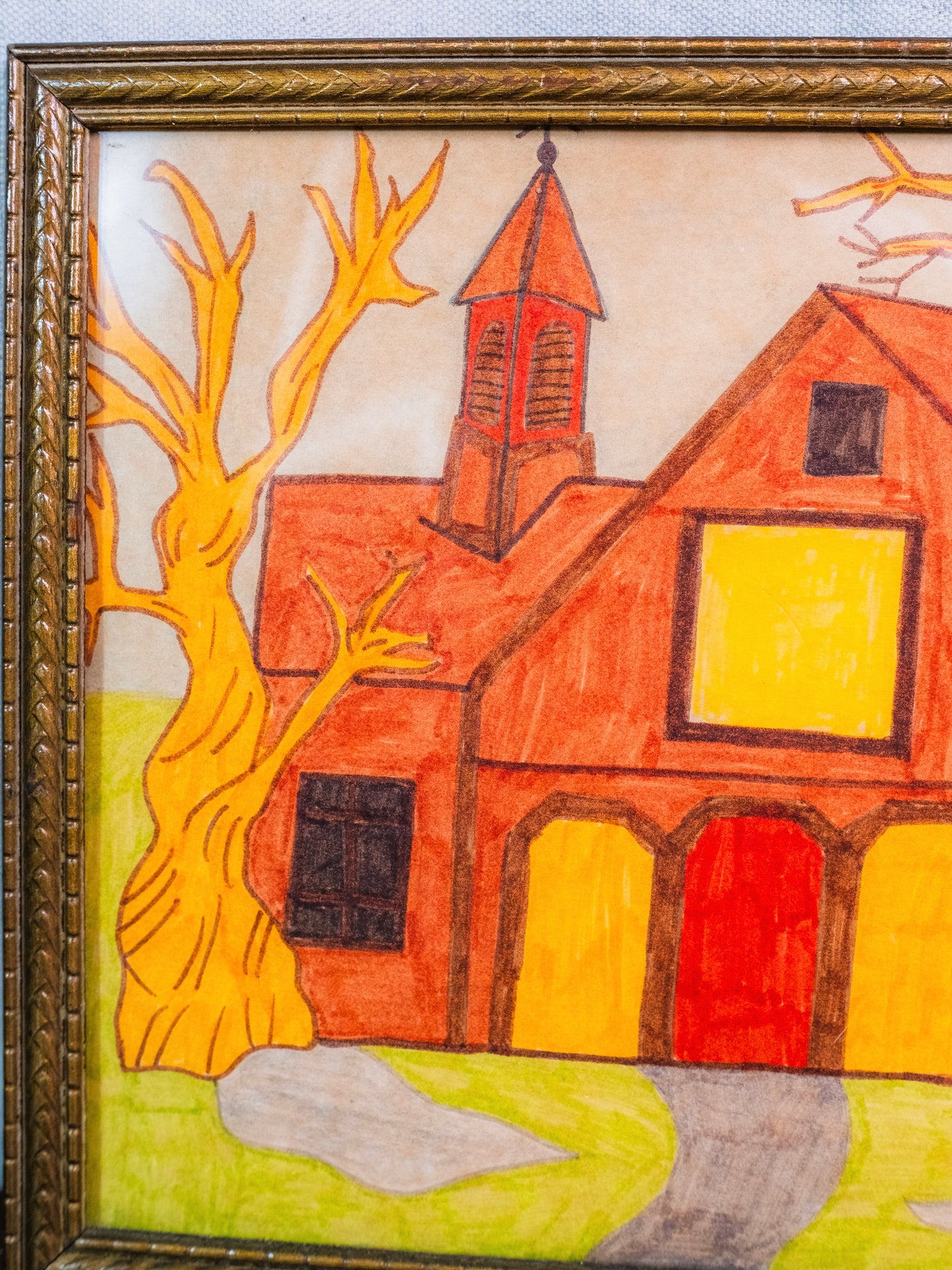 Vintage 1950s Framed Original "Red Barn" Folk Art Drawing