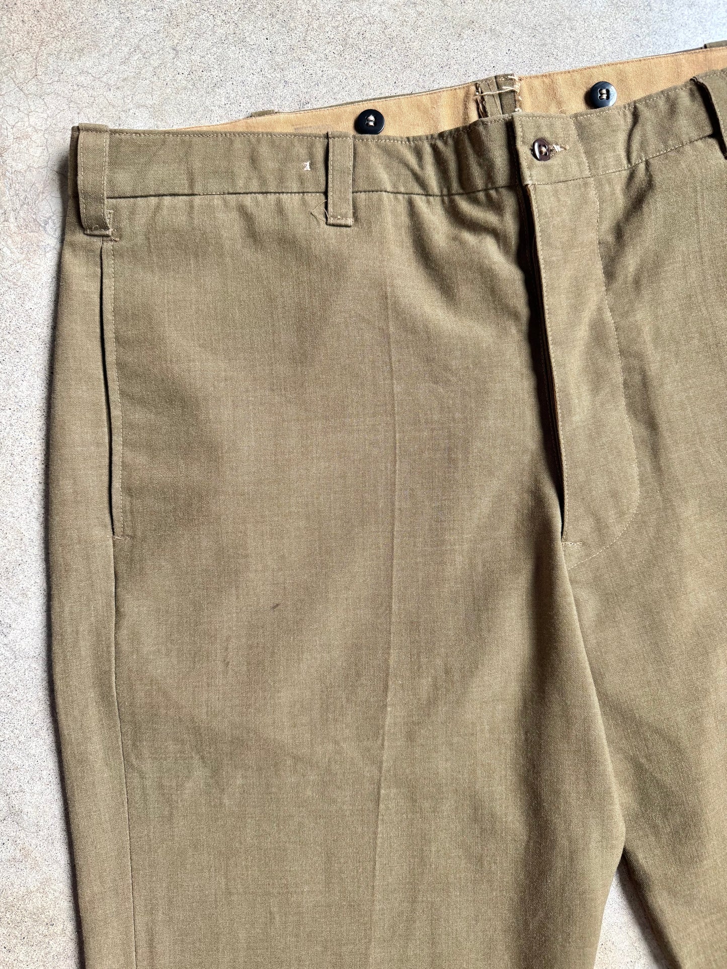 Vintage 1940s WW2 Military Issue Green Khaki Wool Trousers | Waist 42”