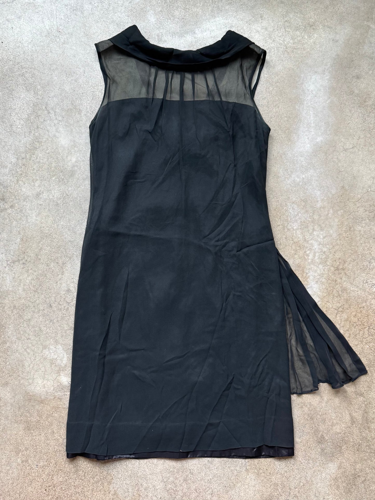 Vintage 1960s R&K Originals Black Sheer High-Neck Pleated Bow-Back Formal Sheath Dress | S/M