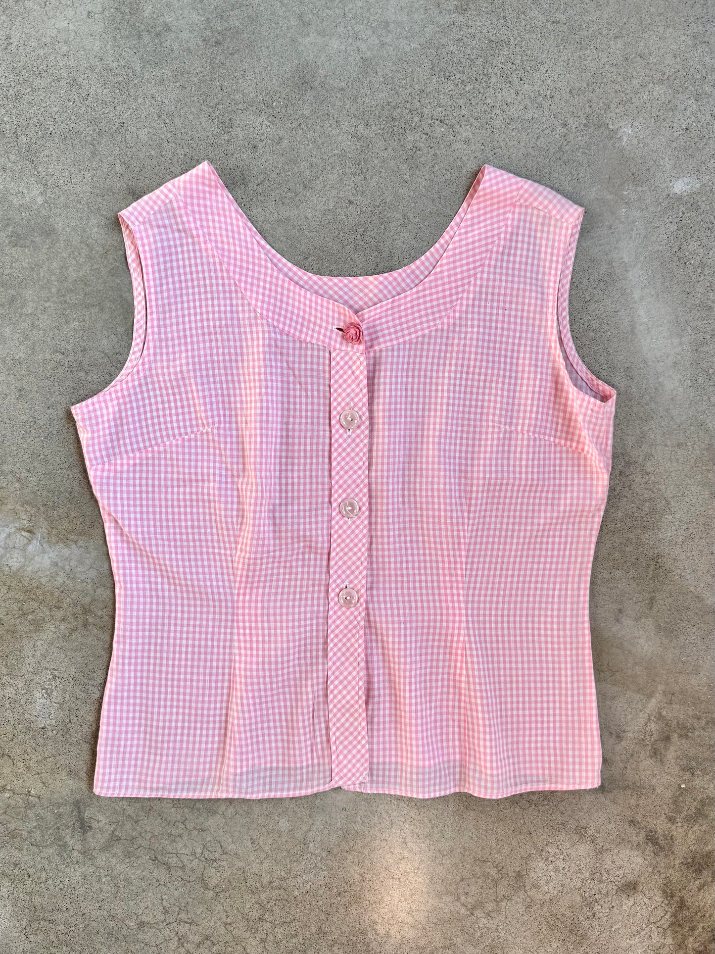 Vintage 1950s Laura Mae Pink Gingham Sleeveless Blouse | Large