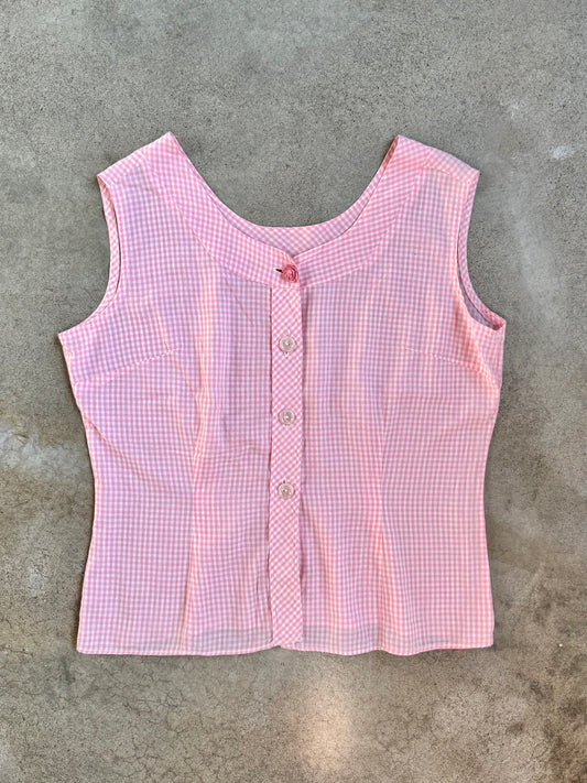 Vintage 1950s Laura Mae Pink Gingham Sleeveless Blouse | Large
