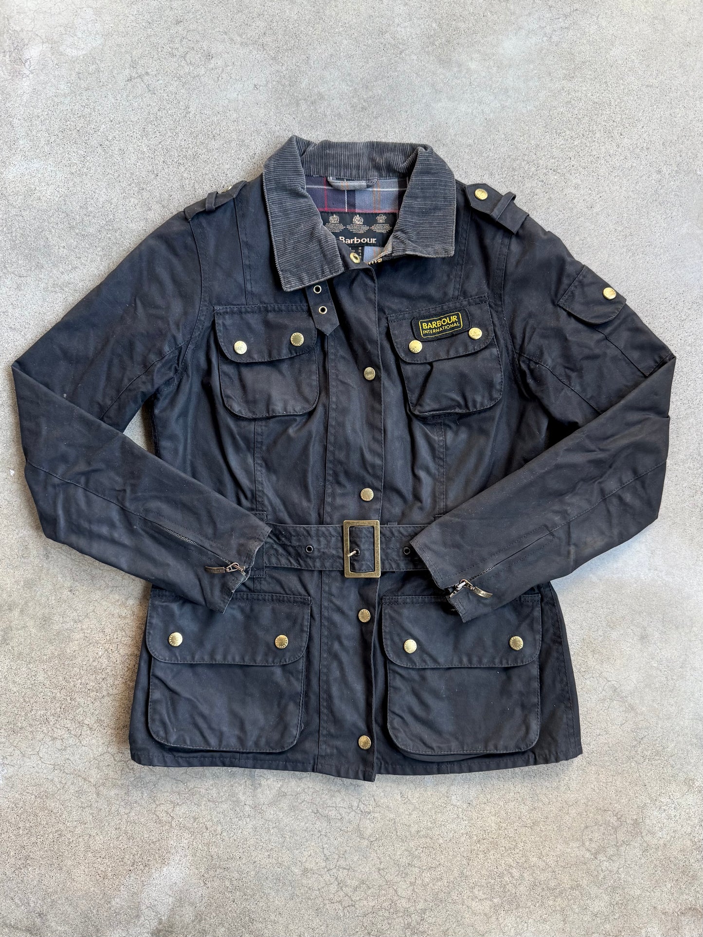 Vintage Style Barbour Black Waxed Cotton Belted Utility Jacket | S/M