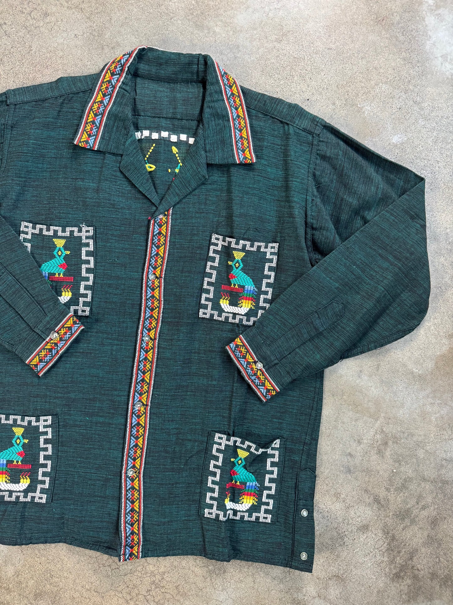 Vintage 1950s Guatemalan Quetzal Bird Hand-Embroidered Cotton Shirt | XXL
