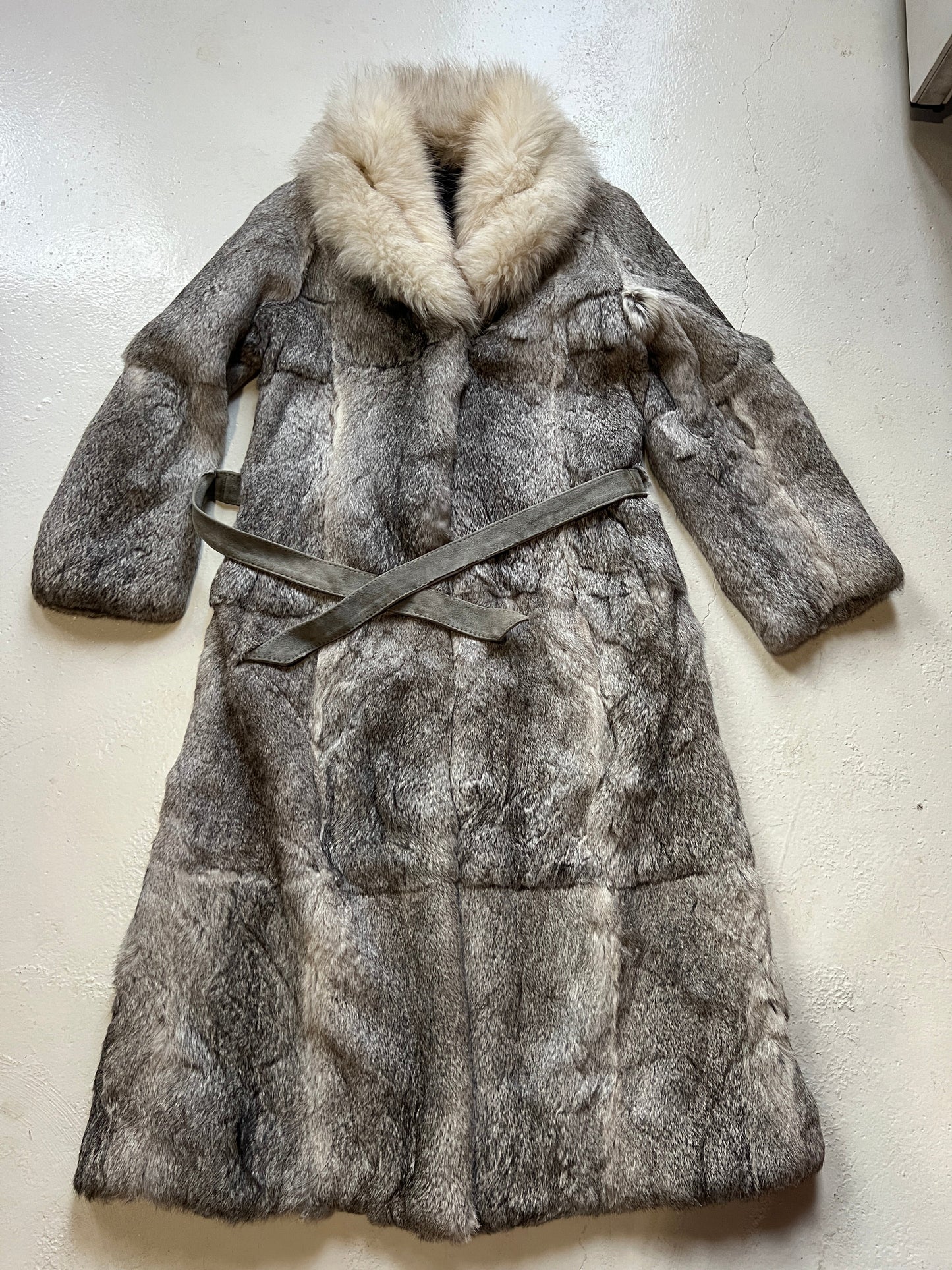 Vintage Grey Rabbit Fur Tie Waist Coat | Medium