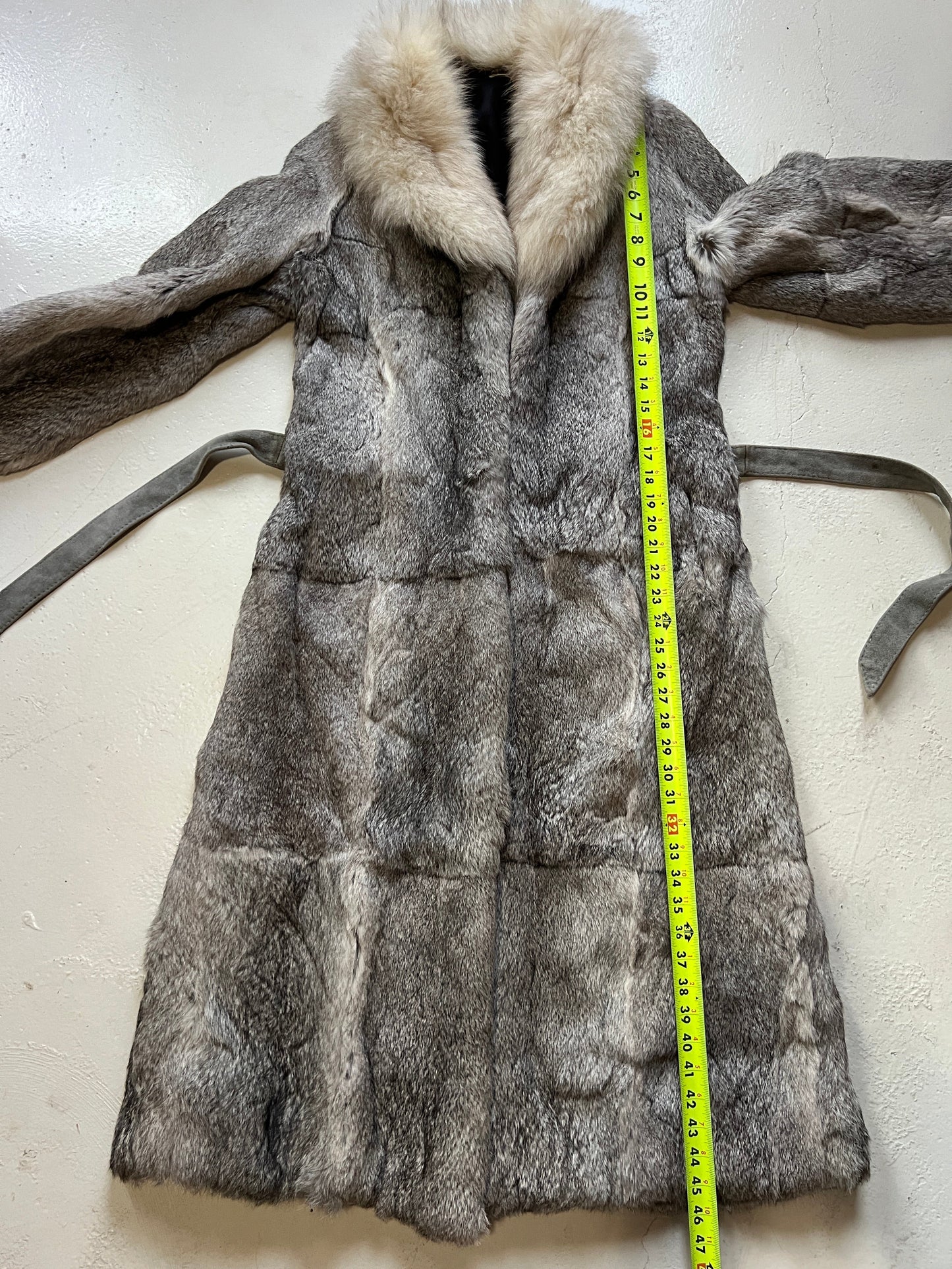 Vintage Grey Rabbit Fur Tie Waist Coat | Medium