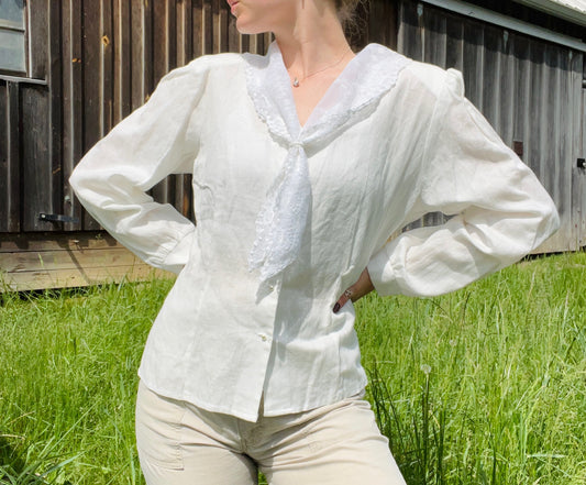 Vintage 1980s Jonathan Martin White Lace Collar Blouse | M/L