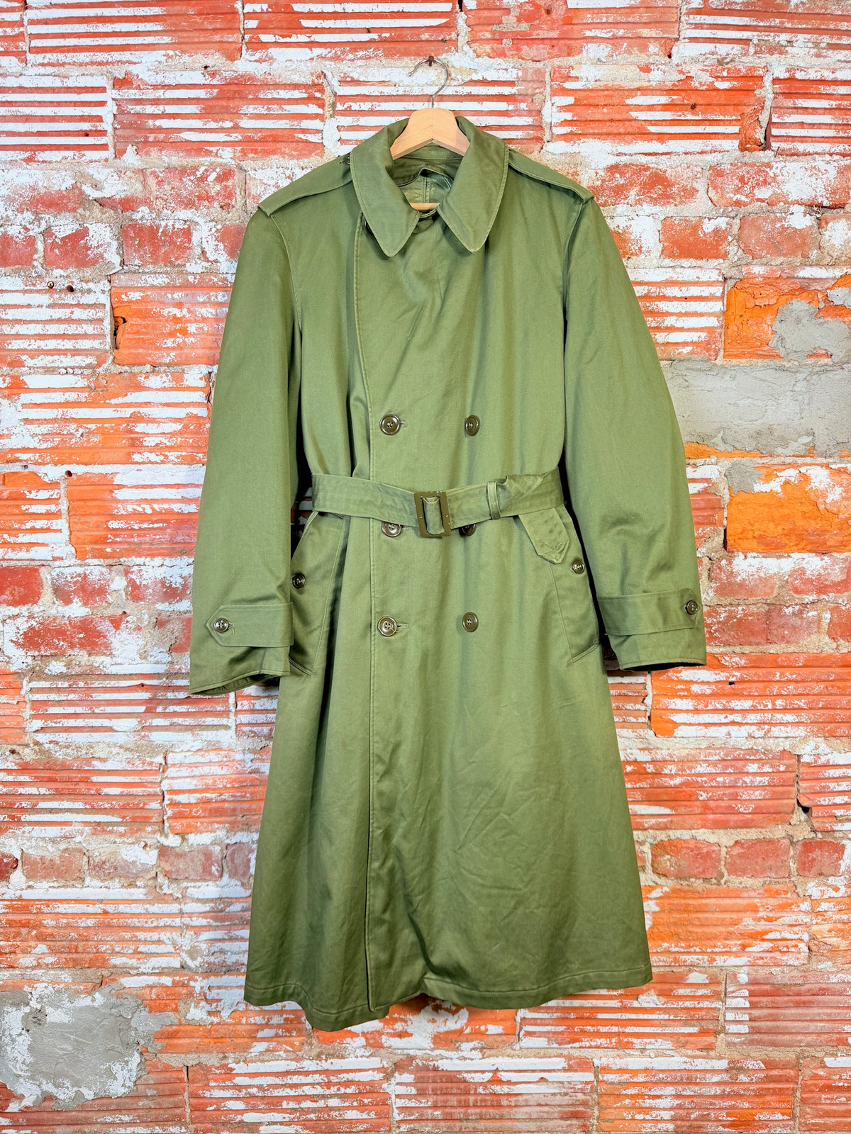 Vintage 1950's Green Canvas Wool Lined Military Trench Coat
