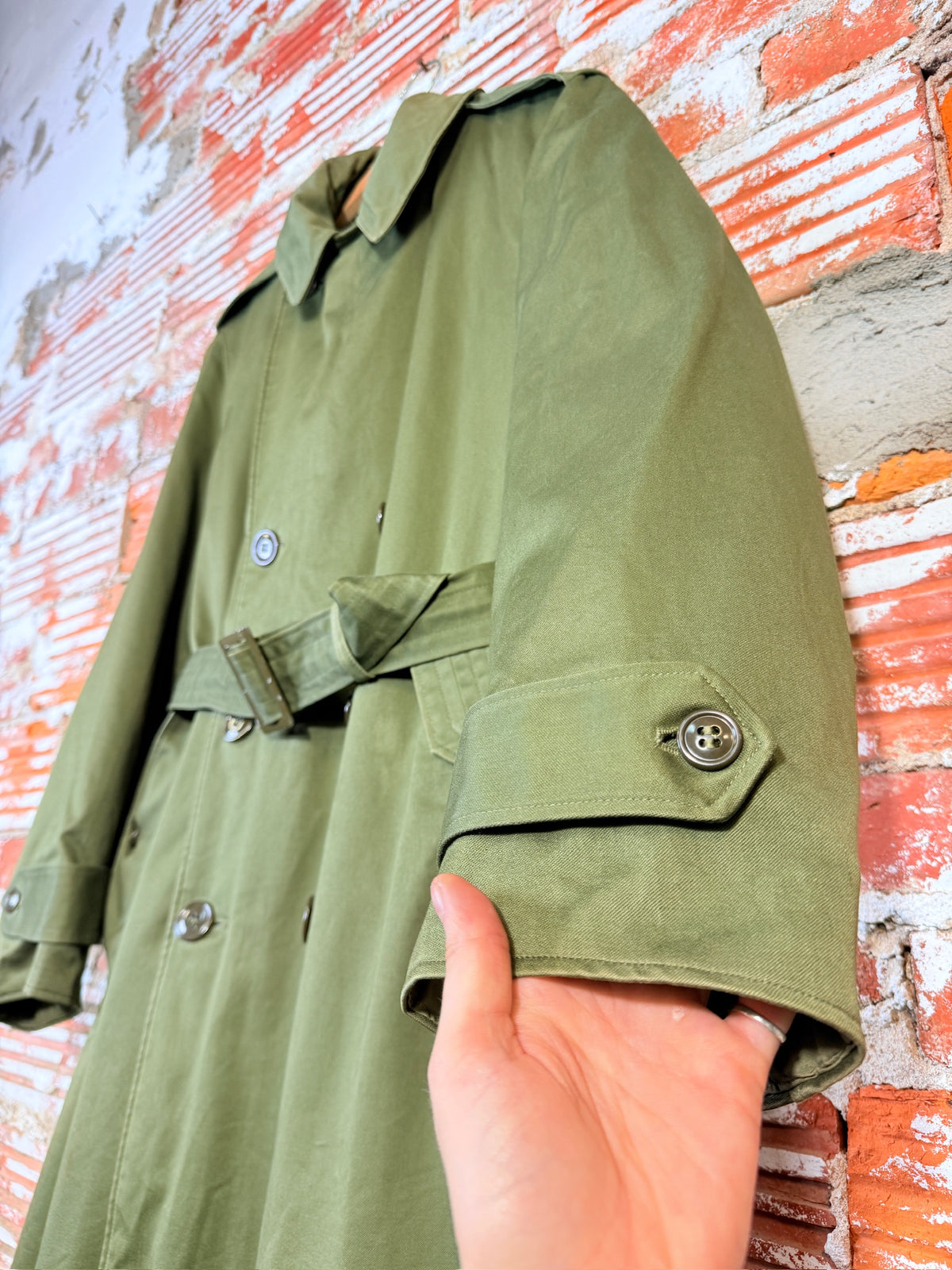 Vintage 1950's Green Canvas Wool Lined Military Trench Coat