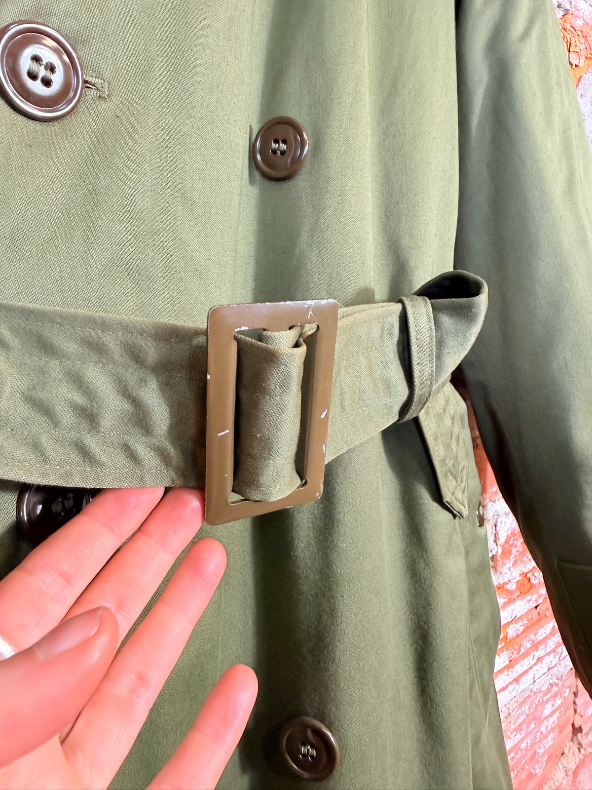 Vintage 1950's Green Canvas Wool Lined Military Trench Coat