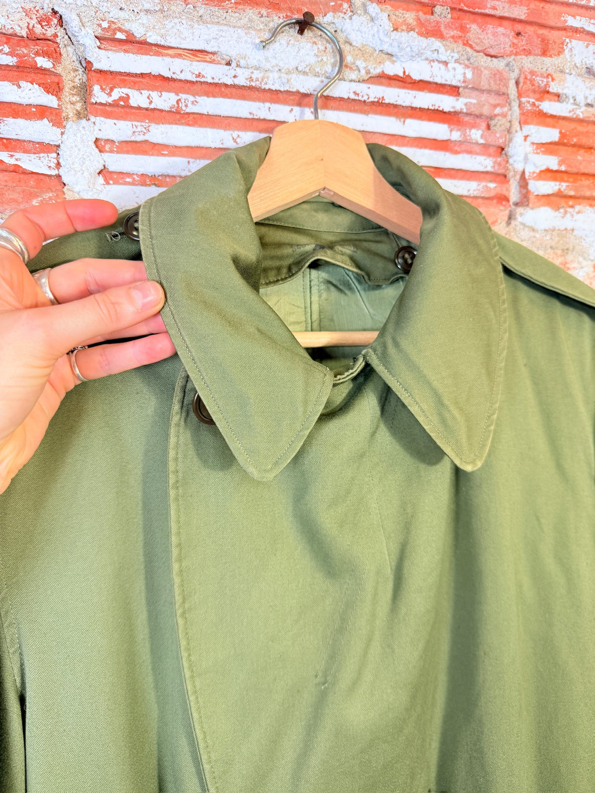 Vintage 1950's Green Canvas Wool Lined Military Trench Coat