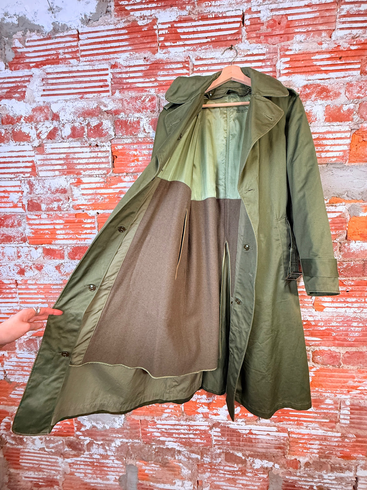 Vintage 1950's Green Canvas Wool Lined Military Trench Coat