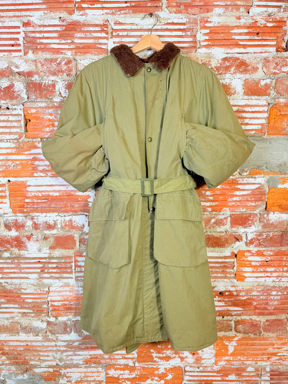 Vintage 1950's Green Military Canvas Alpaca-Lined Parka Trench Coat