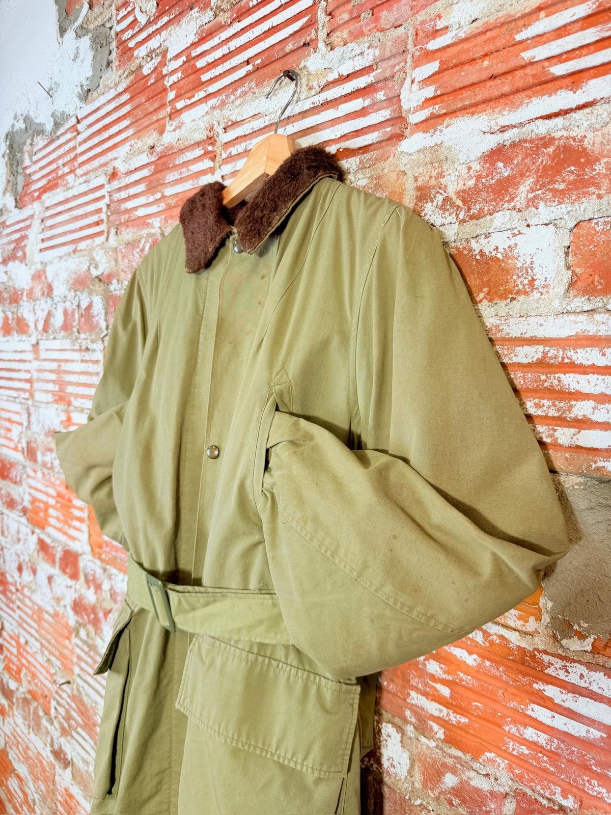 Vintage 1950's Green Military Canvas Alpaca-Lined Parka Trench Coat