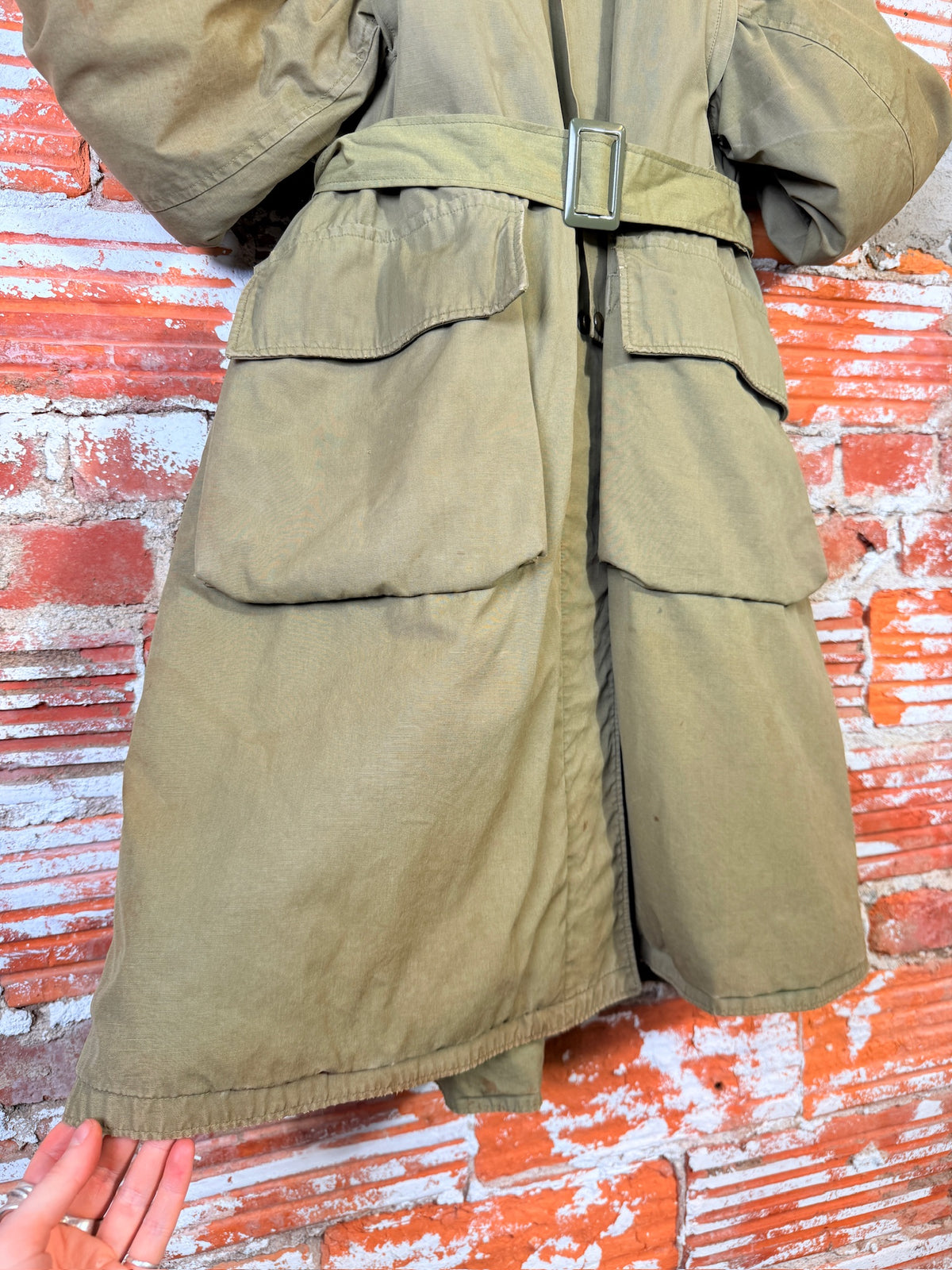 Vintage 1950's Green Military Canvas Alpaca-Lined Parka Trench Coat