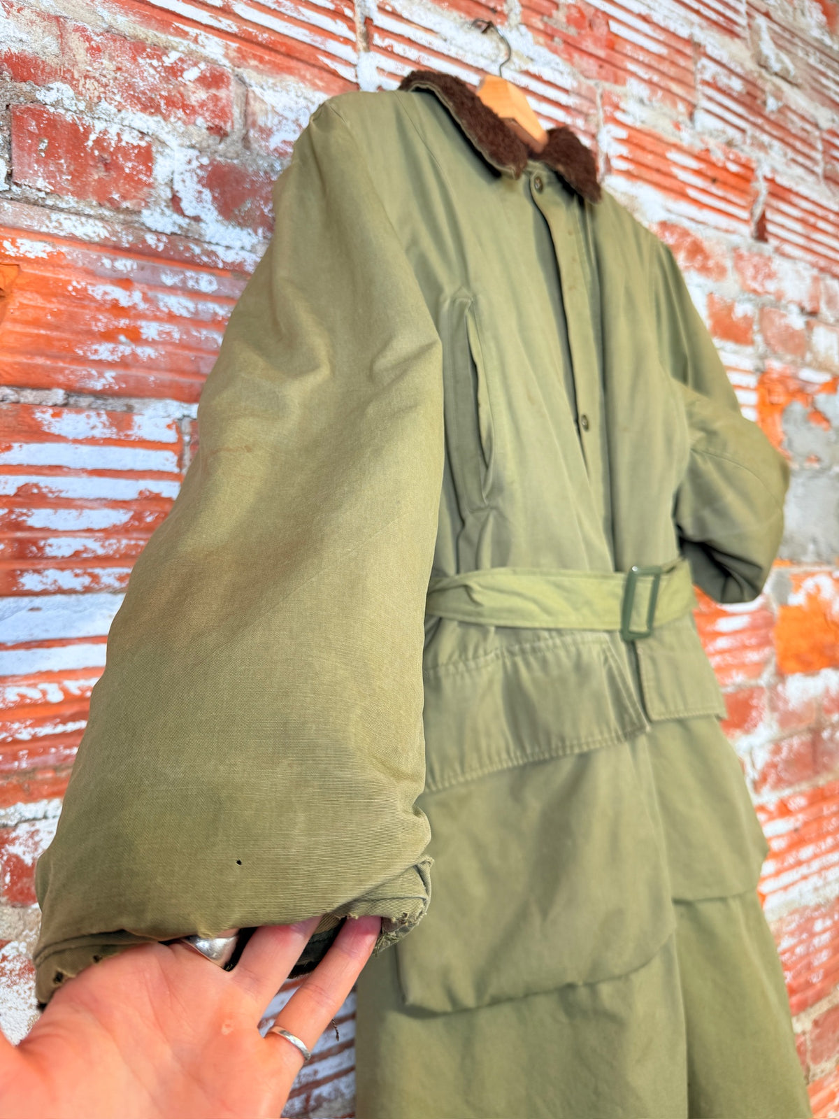 Vintage 1950's Green Military Canvas Alpaca-Lined Parka Trench Coat