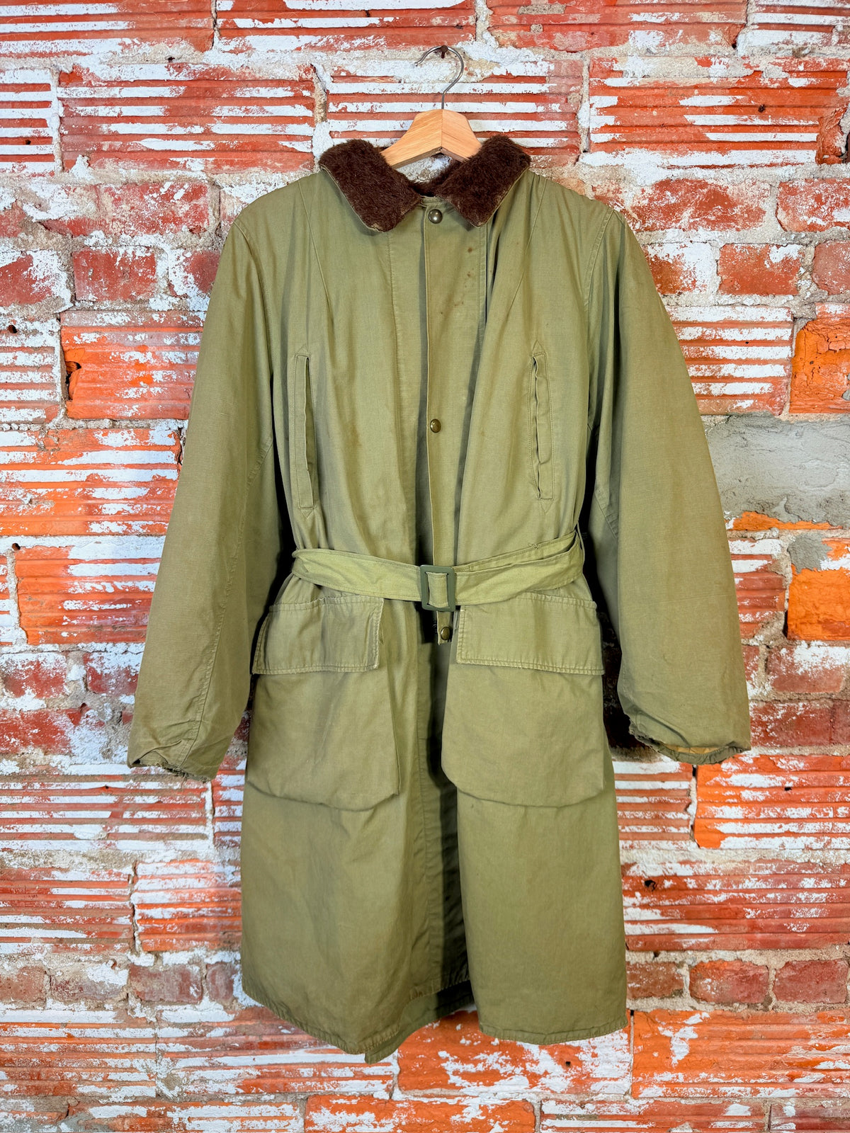 Vintage 1950's Green Military Canvas Alpaca-Lined Parka Trench Coat