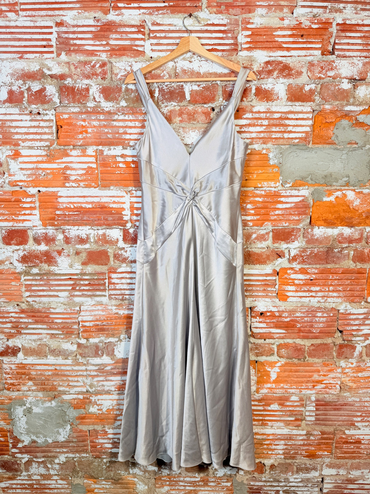 Vintage 1990's Handmade Silver Metallic Satin Formal Midi Dress