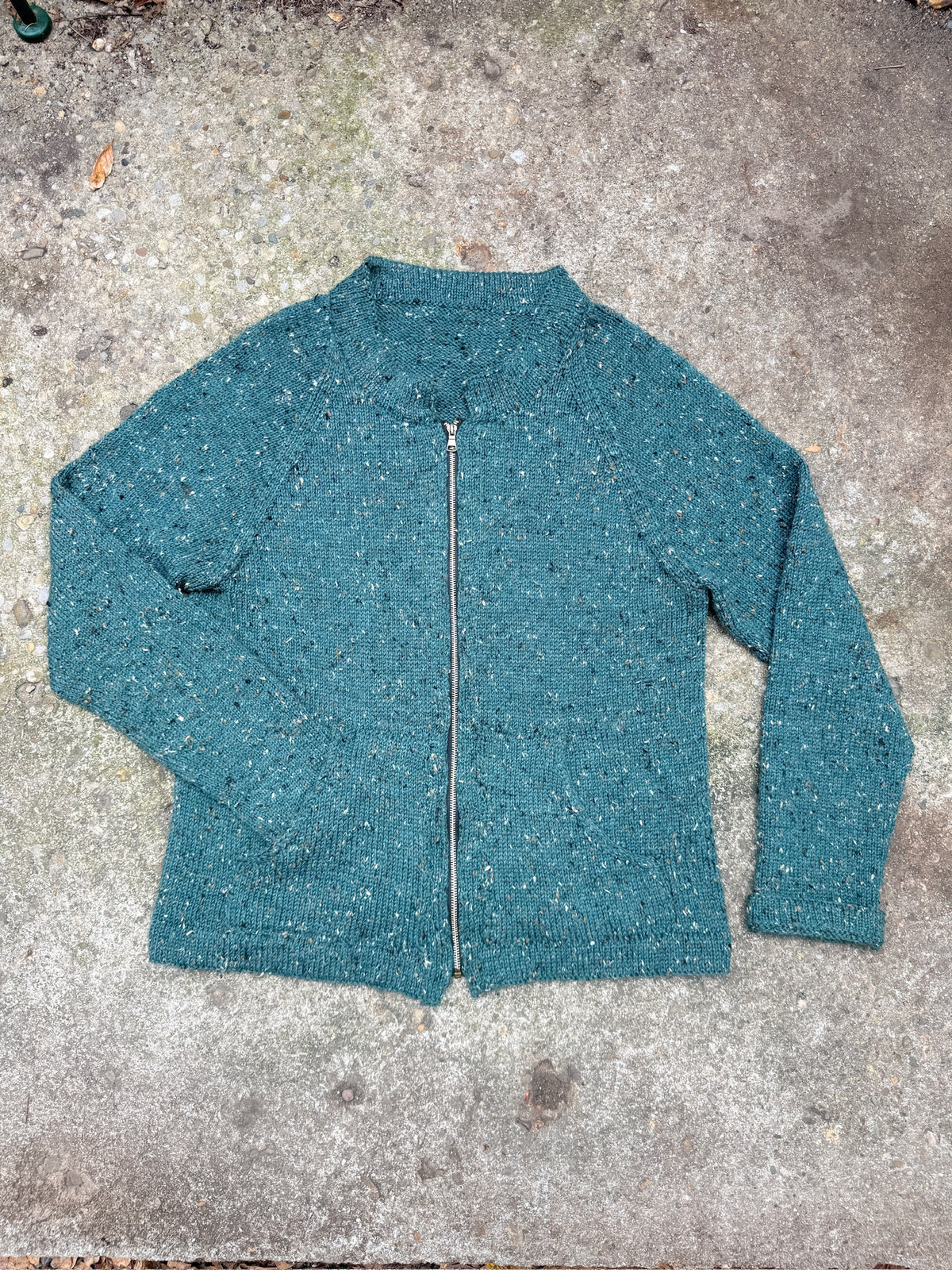 Vintage 1980's Handmade Green Speckled Knit Zip Up Sweater Jacket