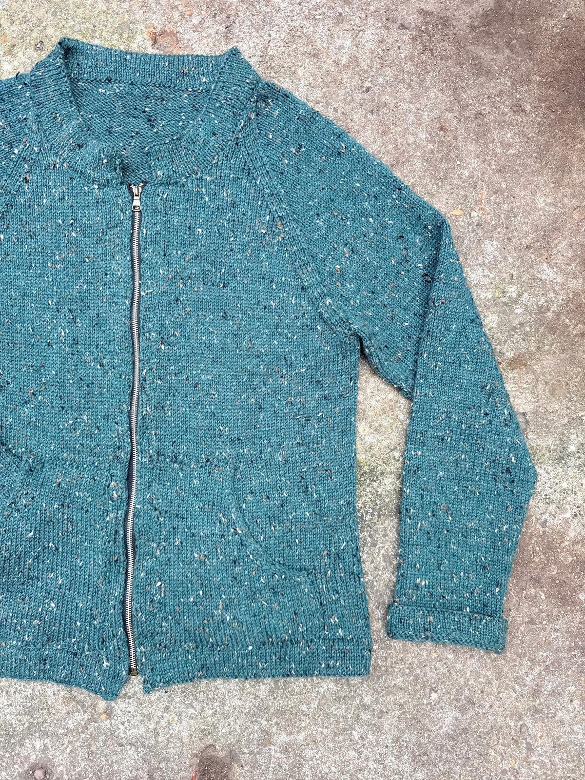 Vintage 1980's Handmade Green Speckled Knit Zip Up Sweater Jacket