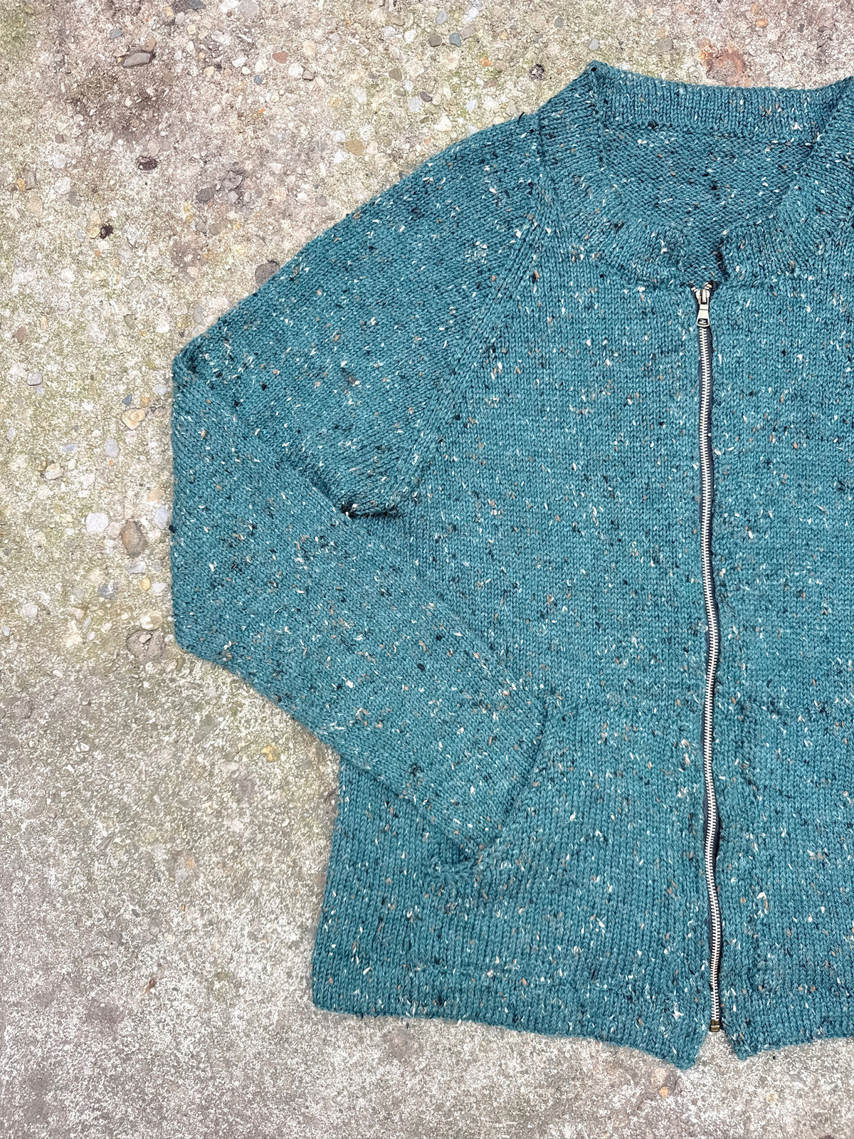 Vintage 1980's Handmade Green Speckled Knit Zip Up Sweater Jacket