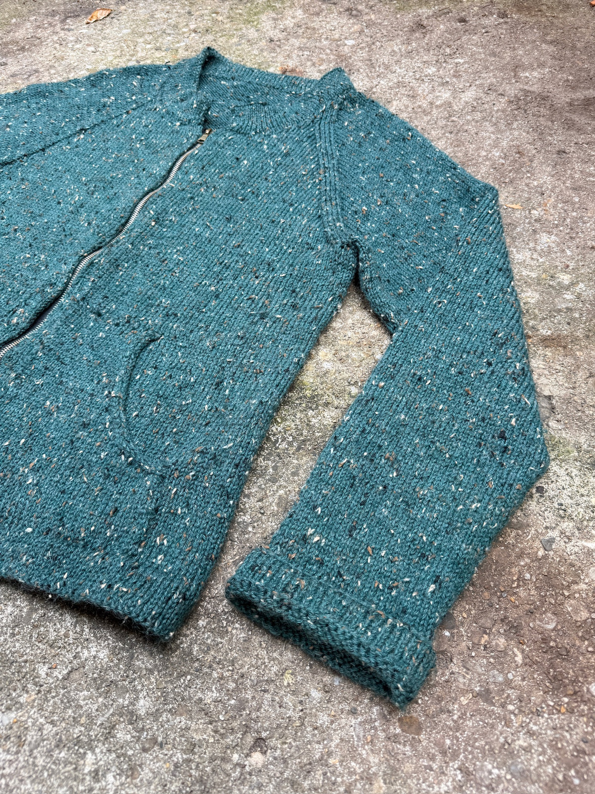 Vintage 1980's Handmade Green Speckled Knit Zip Up Sweater Jacket