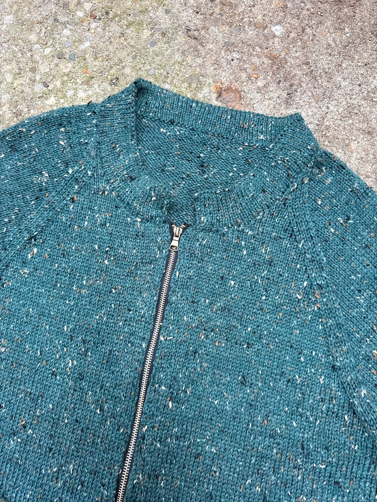 Vintage 1980's Handmade Green Speckled Knit Zip Up Sweater Jacket