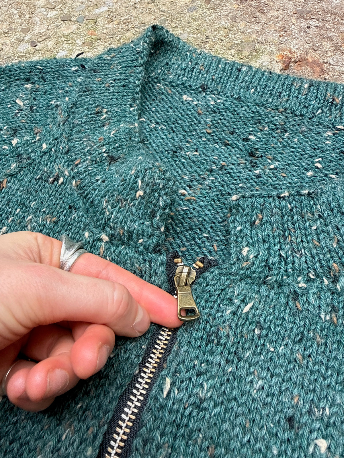 Vintage 1980's Handmade Green Speckled Knit Zip Up Sweater Jacket