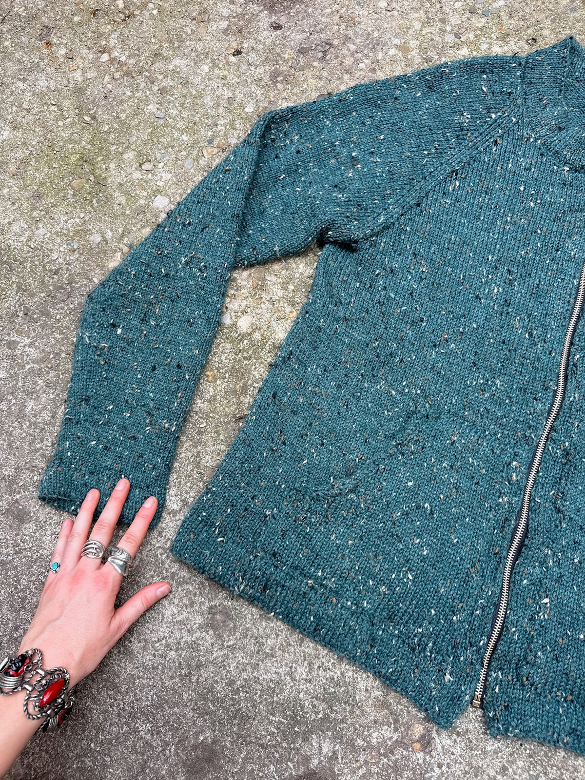 Vintage 1980's Handmade Green Speckled Knit Zip Up Sweater Jacket
