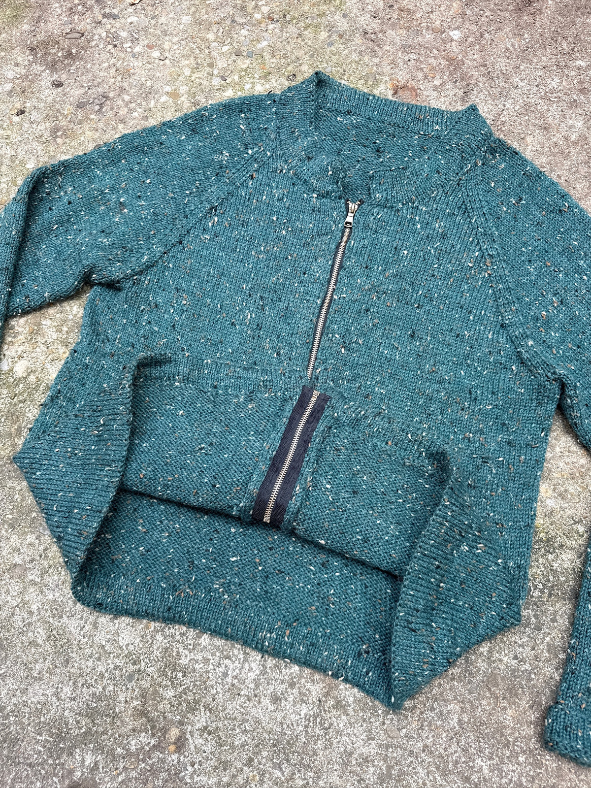 Vintage 1980's Handmade Green Speckled Knit Zip Up Sweater Jacket