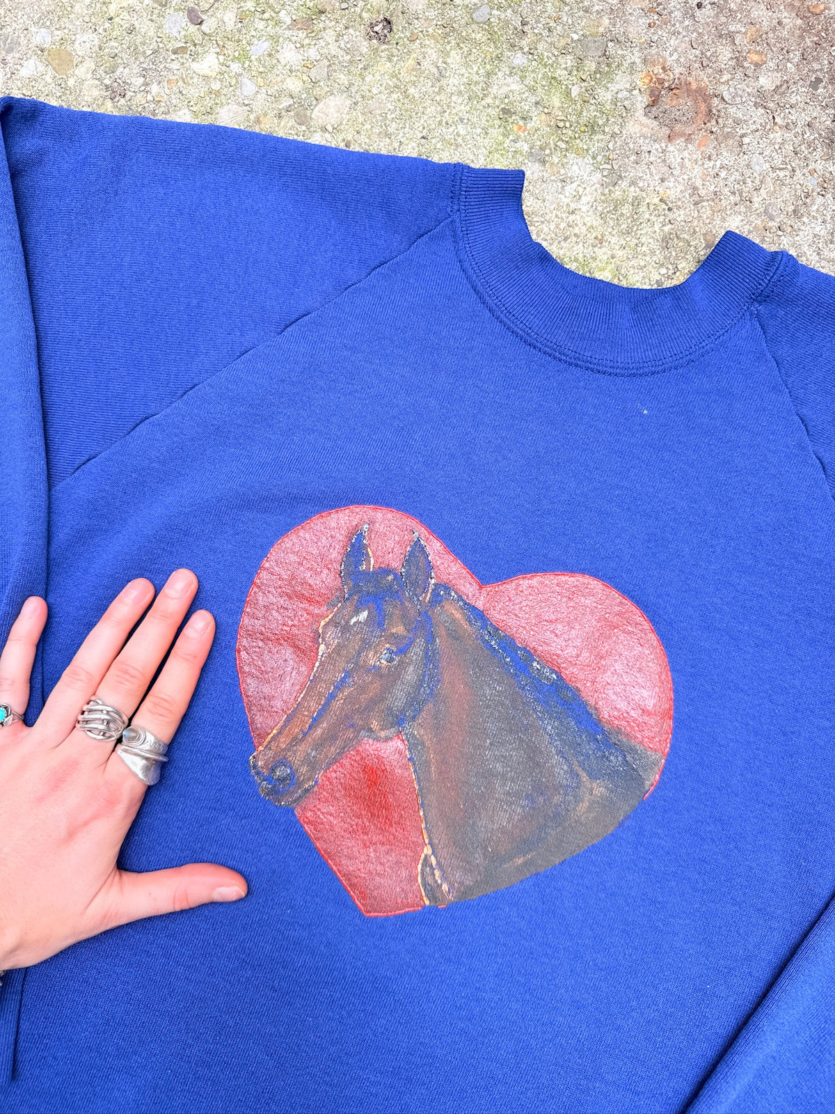 Vintage 1980's Blue Heart & Horse Painted Crew Neck Sweatshirt