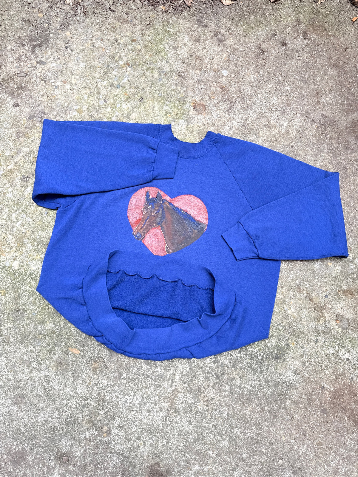 Vintage 1980's Blue Heart & Horse Painted Crew Neck Sweatshirt